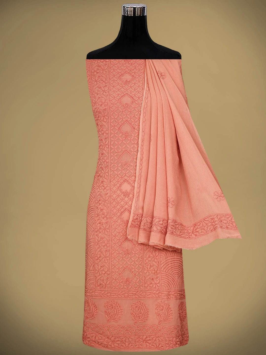 Ada Hand Embroidered Peach Viscose Georgette Lucknowi Chikankari Unstitched Kurta Dupatta Set 01A795842