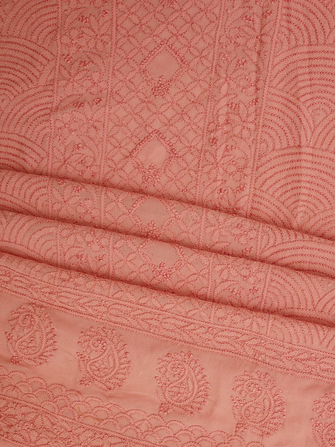 Ada Hand Embroidered Peach Viscose Georgette Lucknowi Chikankari Unstitched Kurta Dupatta Set 01A795842