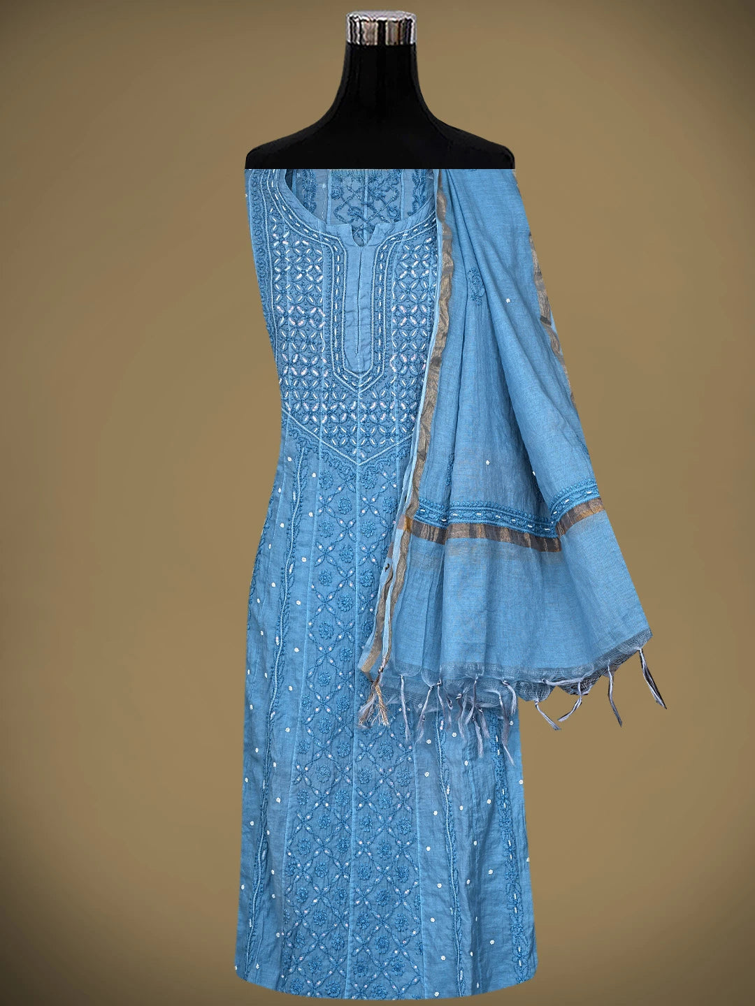 Ada Hand Embroidered Sky Blue Chanderi Lucknowi Chikankari Semi Stitched Anarkali Kurta Dupatta Set with Pearl Work 01A850145