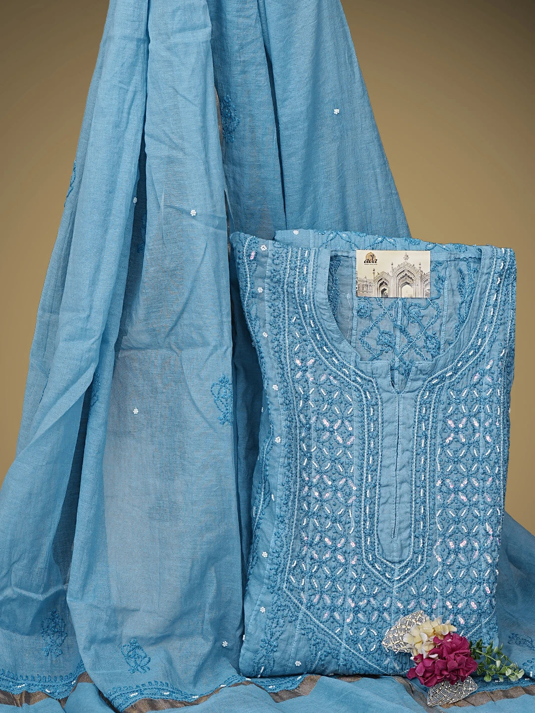 Ada Hand Embroidered Sky Blue Chanderi Lucknowi Chikankari Semi Stitched Anarkali Kurta Dupatta Set with Pearl Work 01A850145