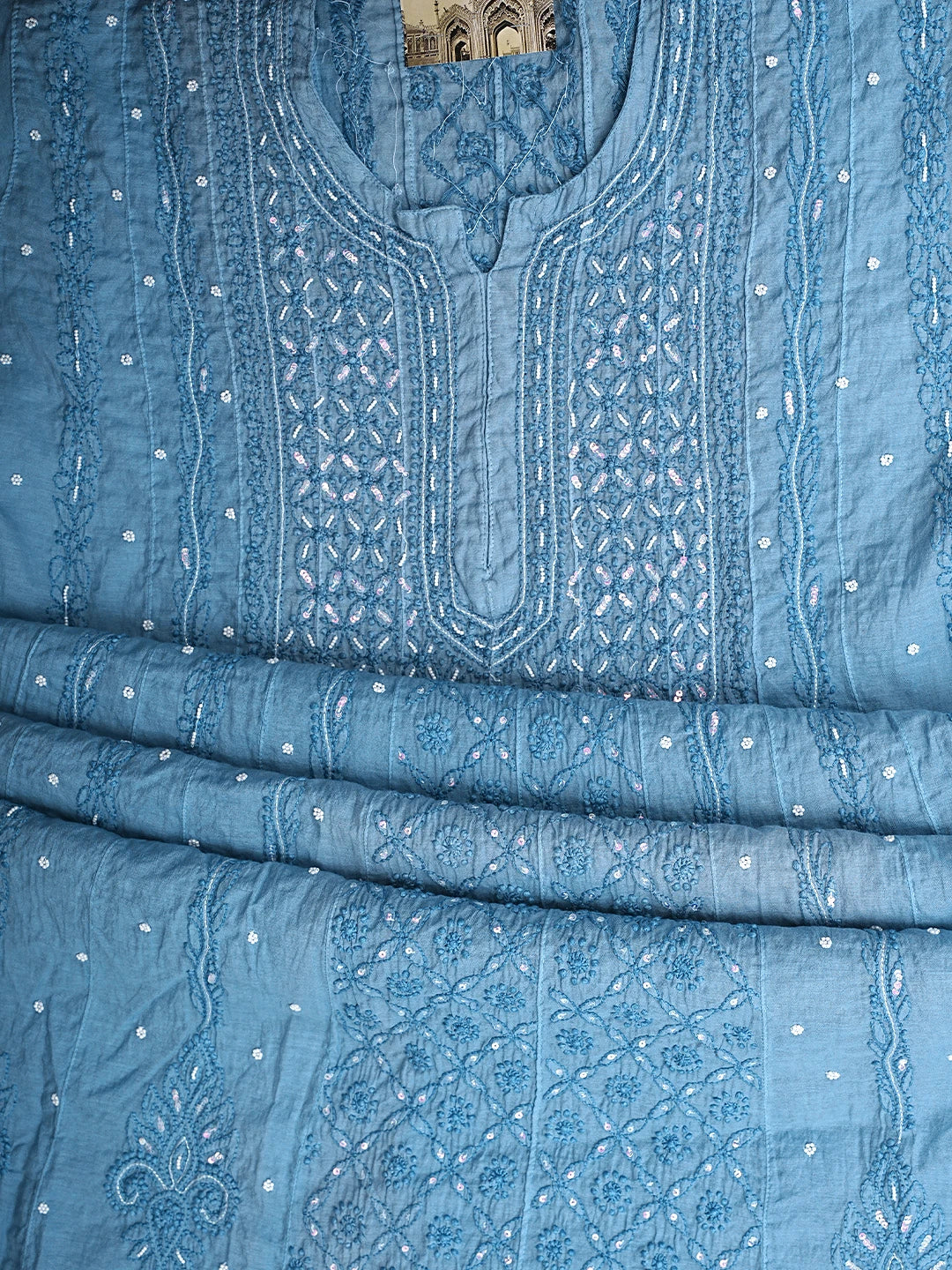 Ada Hand Embroidered Sky Blue Chanderi Lucknowi Chikankari Semi Stitched Anarkali Kurta Dupatta Set with Pearl Work 01A850145