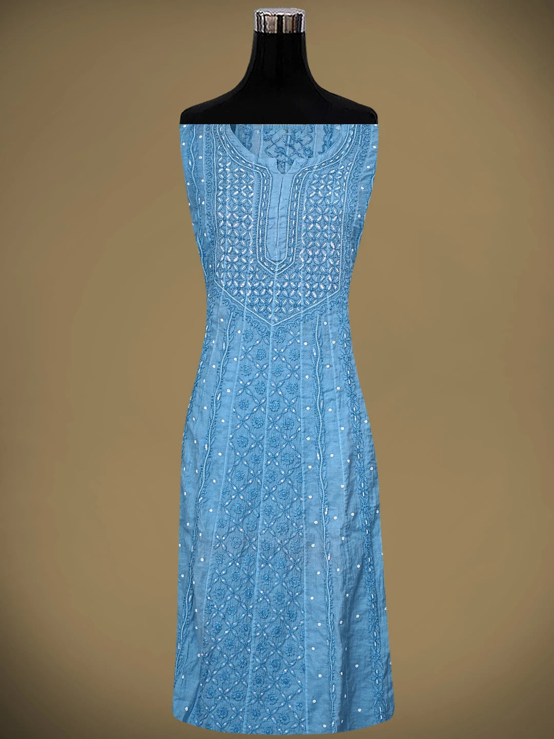 Ada Hand Embroidered Sky Blue Chanderi Lucknowi Chikankari Semi Stitched Anarkali Kurta Dupatta Set with Pearl Work 01A850145