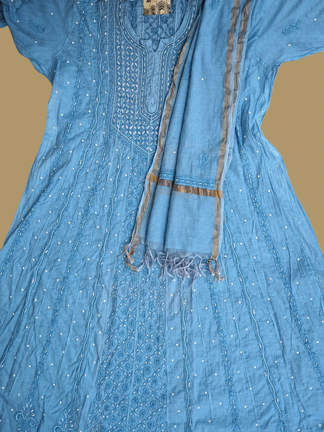 Ada Hand Embroidered Sky Blue Chanderi Lucknowi Chikankari Semi Stitched Anarkali Kurta Dupatta Set with Pearl Work 01A850145