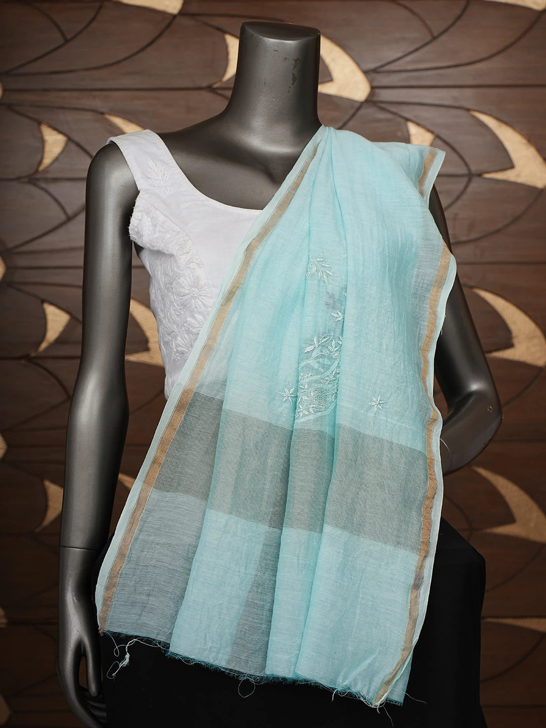 Ada Hand Embroidered Blue Chanderi Lucknowi Chikankari Dupatta 01A947217
