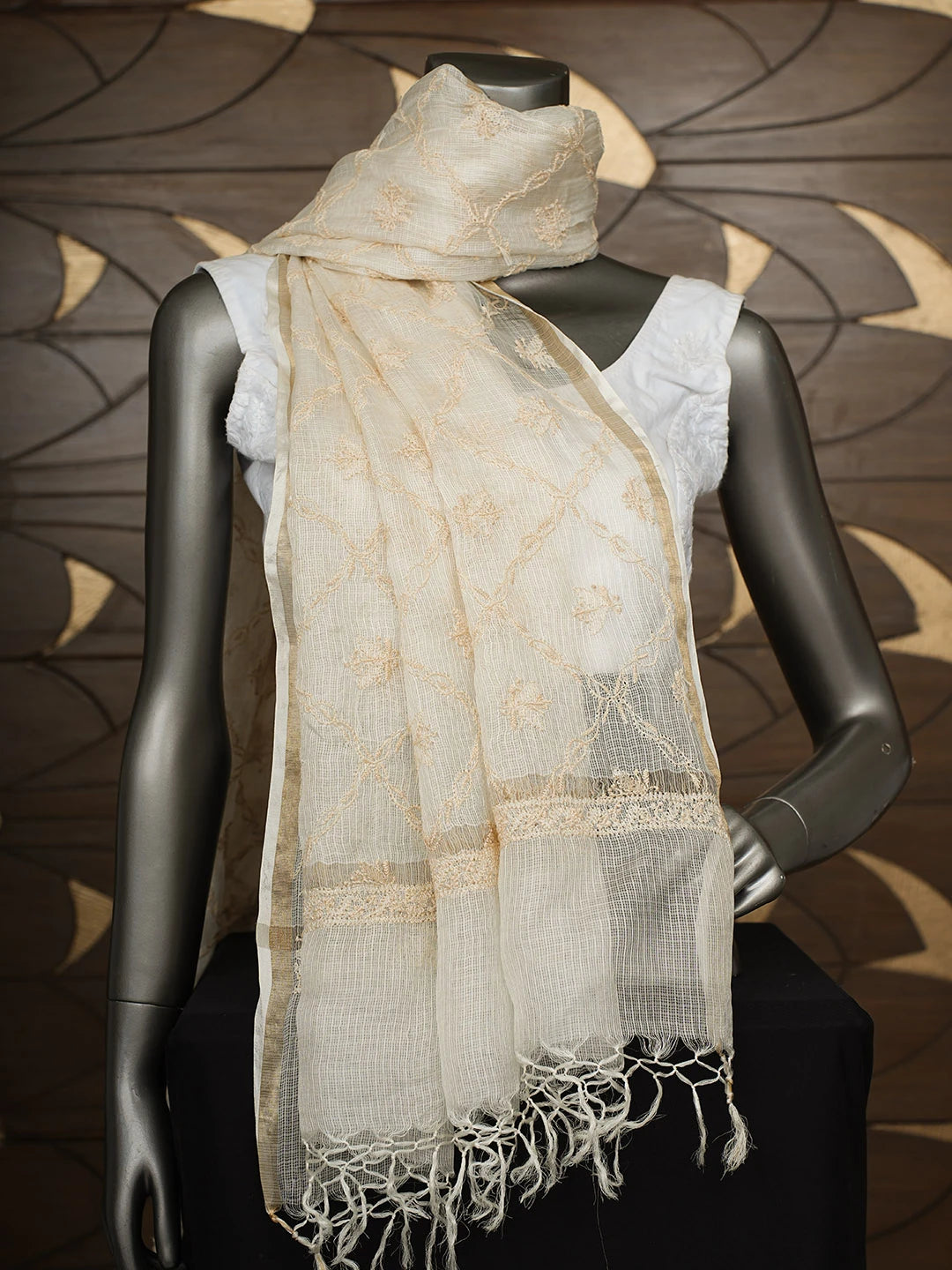 Ada Hand Embroidered Cream Kota Silk Lucknowi Chikankari Dupatta 01A908989