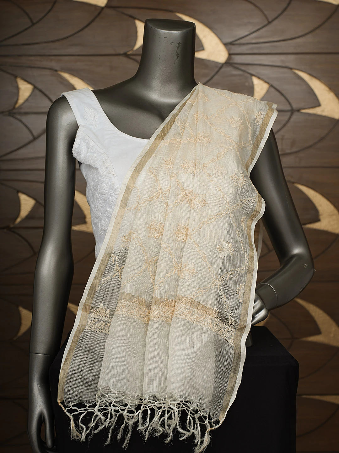 Ada Hand Embroidered Cream Kota Silk Lucknowi Chikankari Dupatta 01A908989