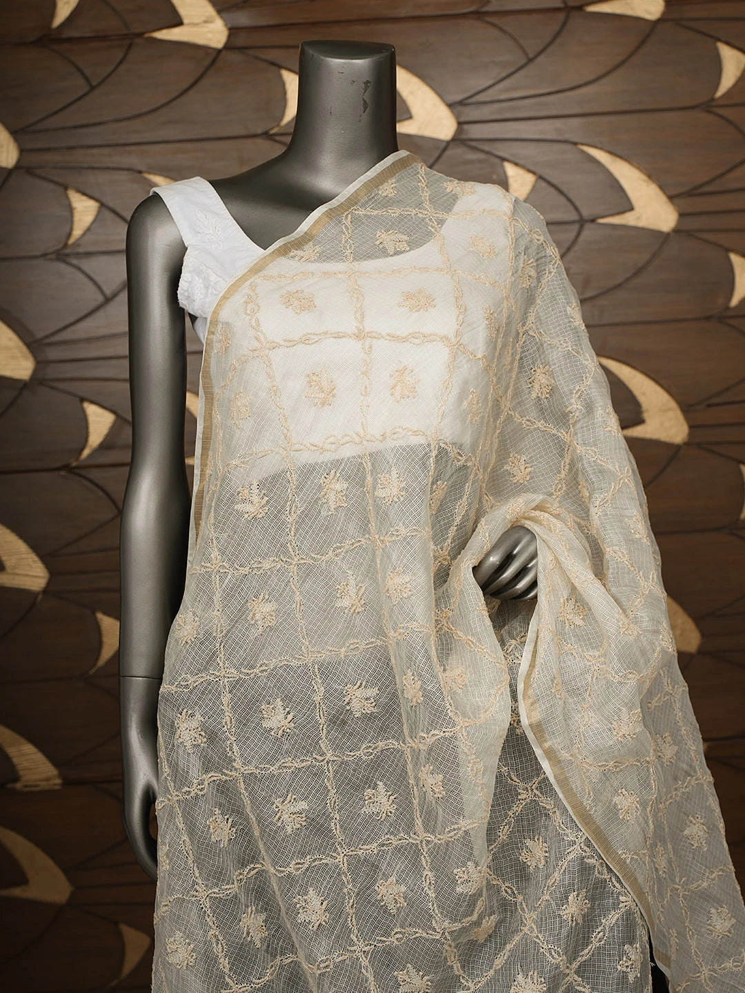 Ada Hand Embroidered Cream Kota Silk Lucknowi Chikankari Dupatta 01A908989