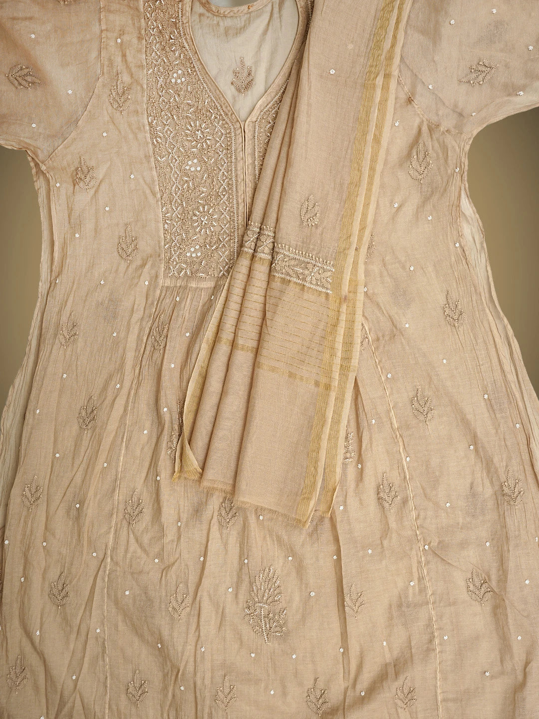 Ada Hand Embroidered Brown Chanderi Lucknowi Chikankari Semi Stitched A-Line Kurta Dupatta Set with Pearl Work 01A939635