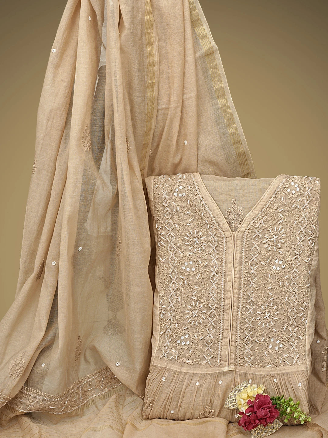 Ada Hand Embroidered Brown Chanderi Lucknowi Chikankari Semi Stitched A-Line Kurta Dupatta Set with Pearl Work 01A939635
