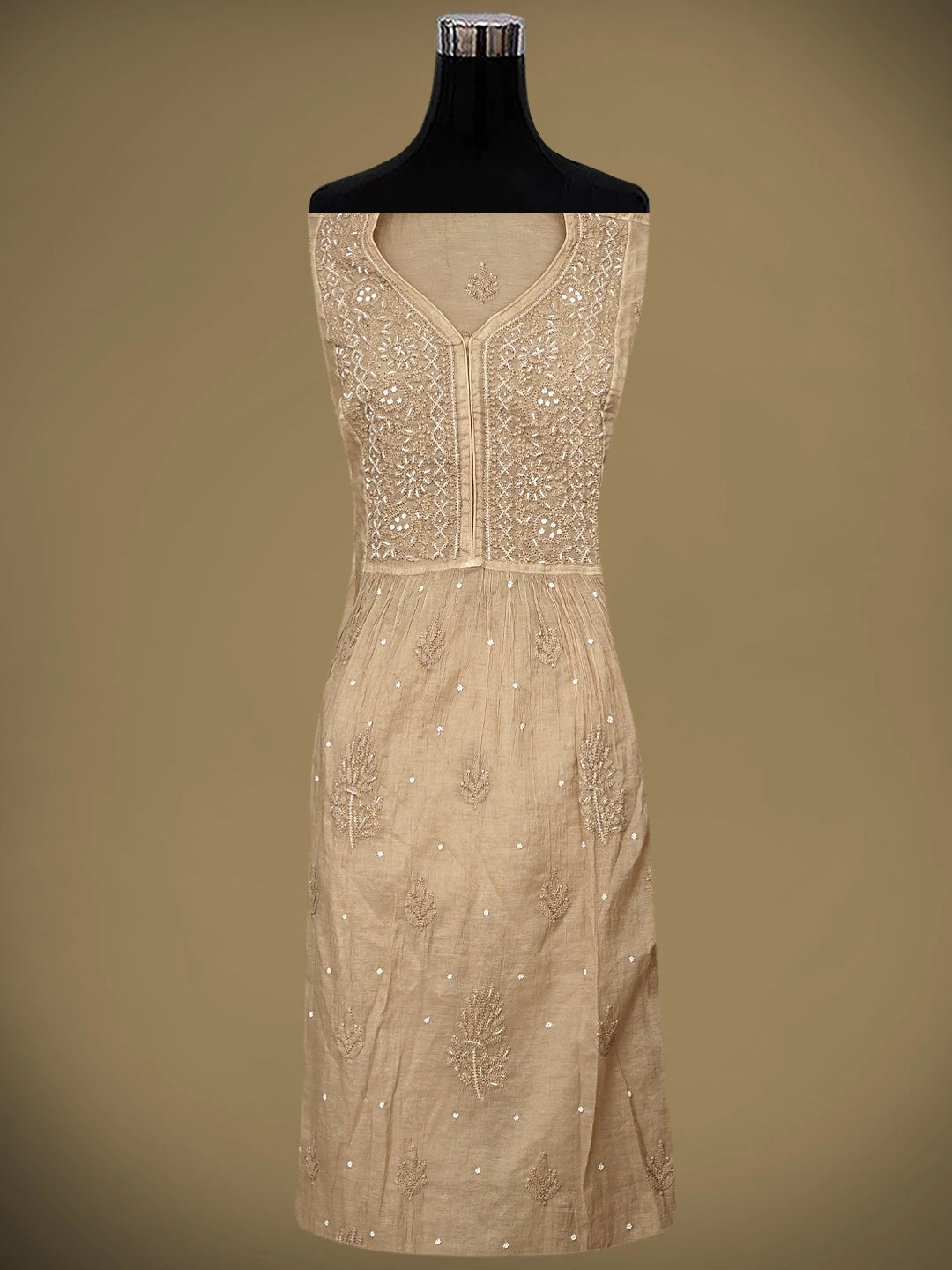 Ada Hand Embroidered Brown Chanderi Lucknowi Chikankari Semi Stitched A-Line Kurta Dupatta Set with Pearl Work 01A939635