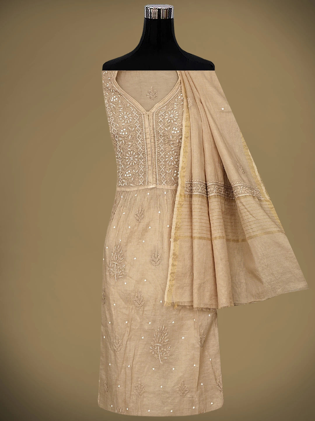 Ada Hand Embroidered Brown Chanderi Lucknowi Chikankari Semi Stitched A-Line Kurta Dupatta Set with Pearl Work 01A939635