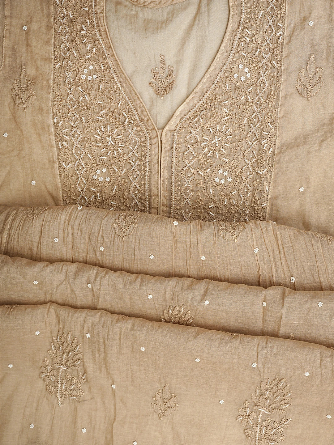 Ada Hand Embroidered Brown Chanderi Lucknowi Chikankari Semi Stitched A-Line Kurta Dupatta Set with Pearl Work 01A939635