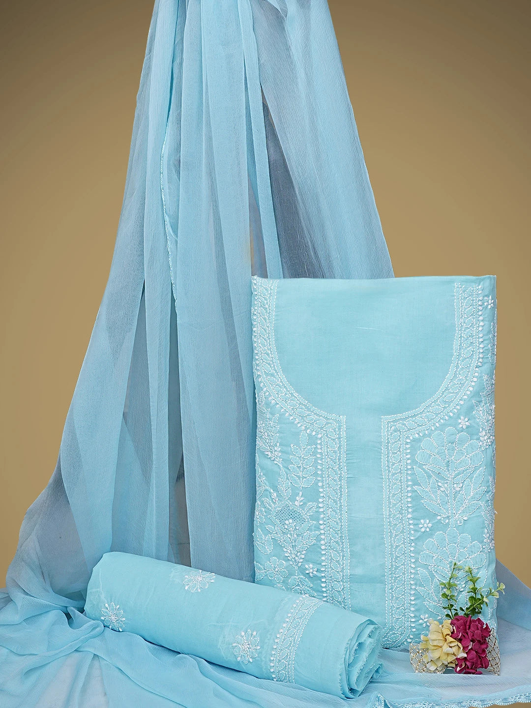 Ada Hand Embroidered Sky Blue Cotton Lucknowi Chikankari Unstitched Suit Piece 01A954461