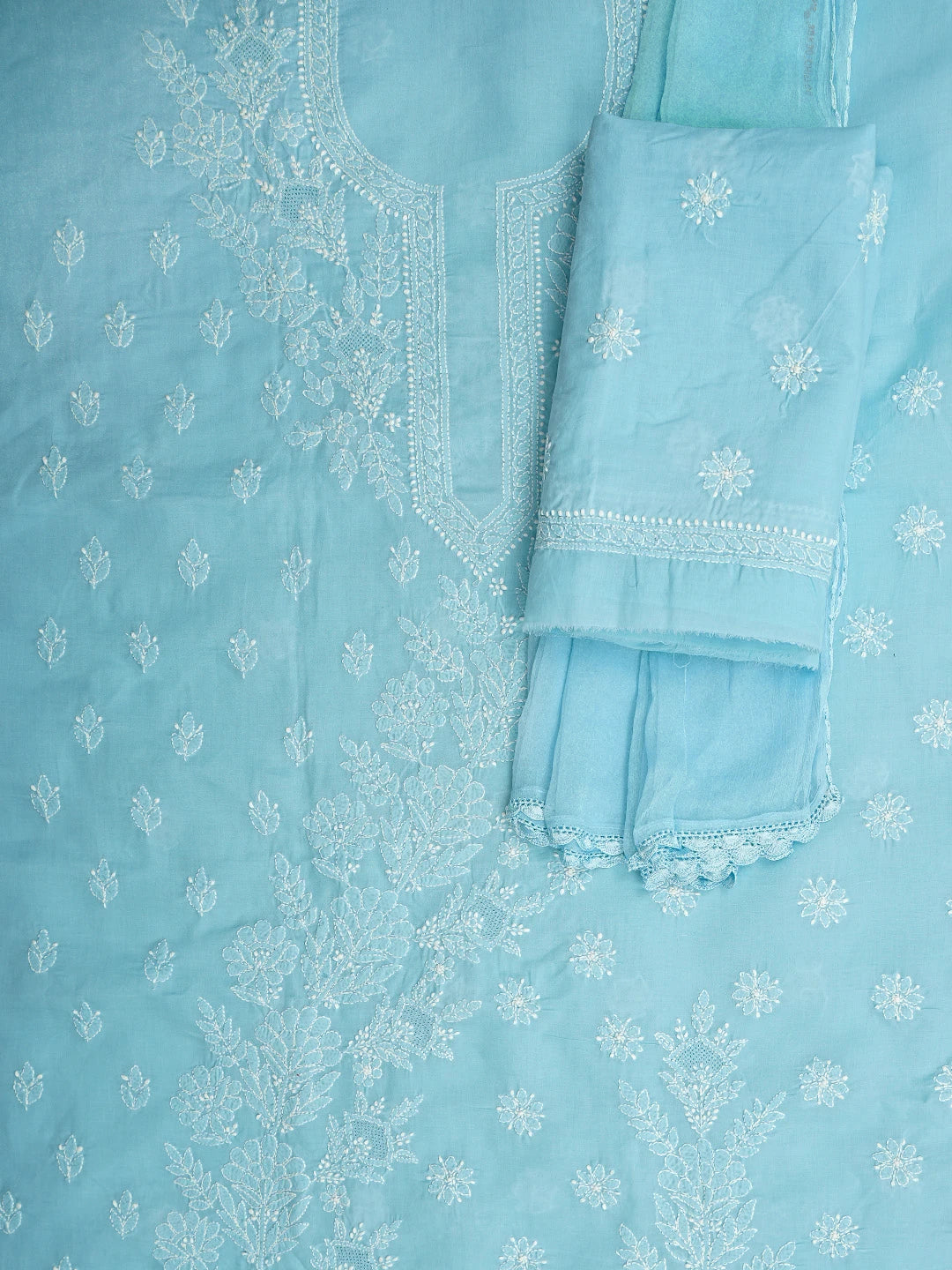Ada Hand Embroidered Sky Blue Cotton Lucknowi Chikankari Unstitched Suit Piece 01A954461