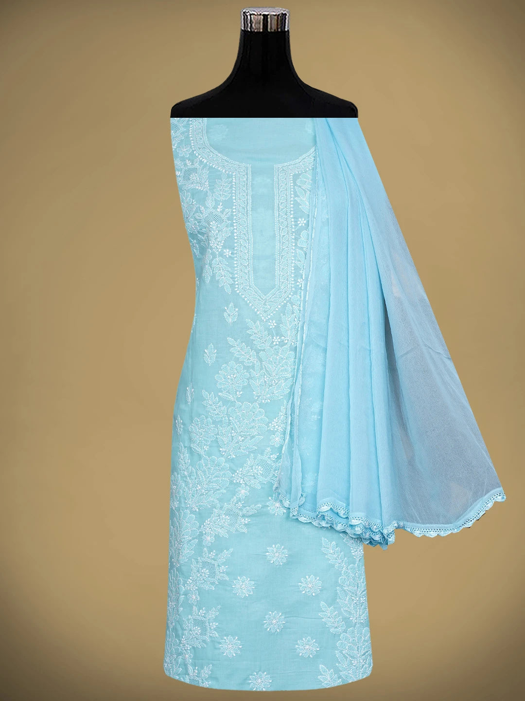 Ada Hand Embroidered Sky Blue Cotton Lucknowi Chikankari Unstitched Suit Piece 01A954461