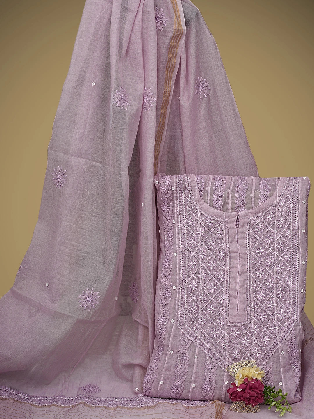 Ada Hand Embroidered Lavender Chanderi Lucknowi Chikankari Semi Stitched Anarkali Kurta Dupatta Set with Pearl Work 01A939603