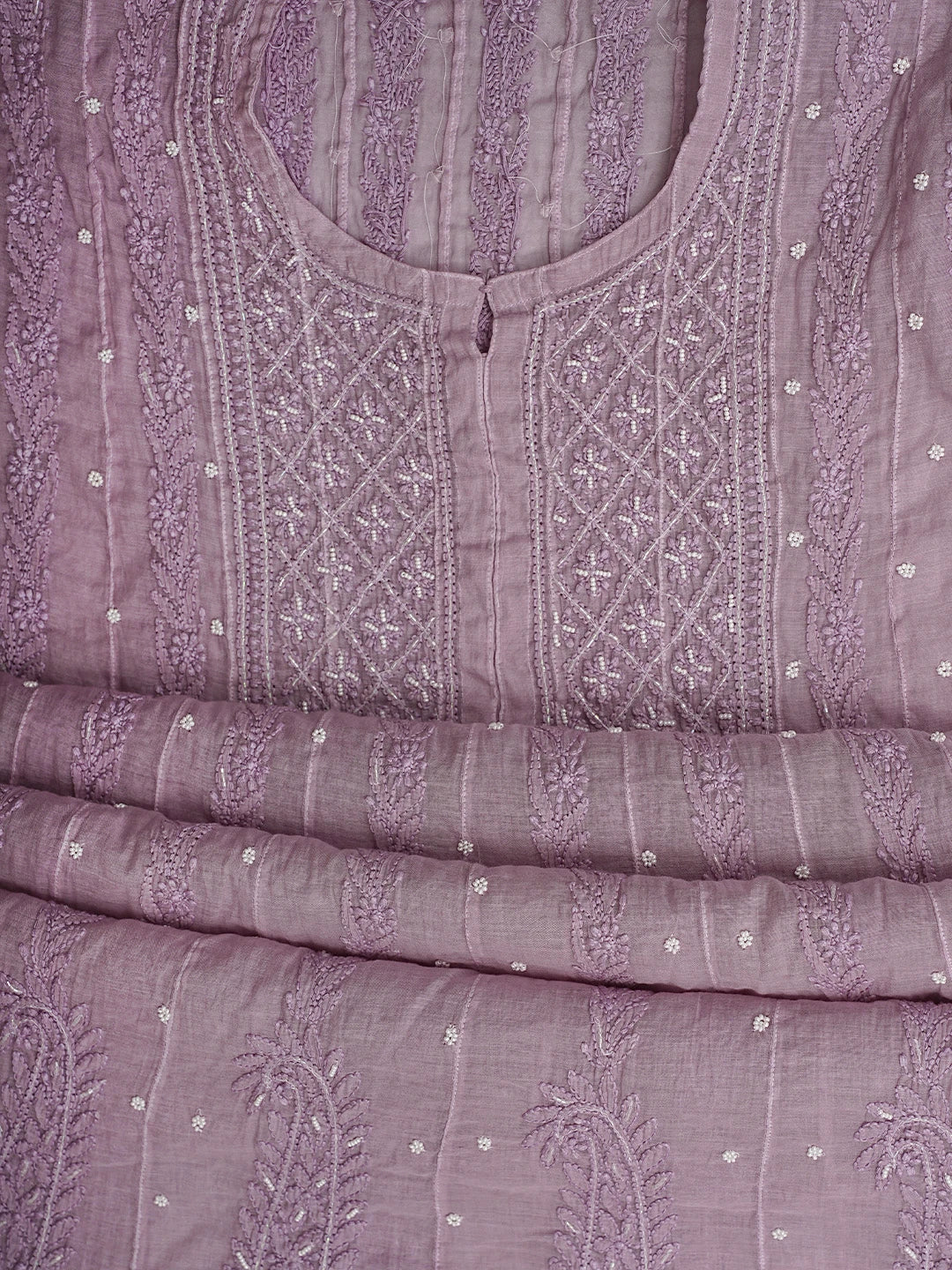 Ada Hand Embroidered Lavender Chanderi Lucknowi Chikankari Semi Stitched Anarkali Kurta Dupatta Set with Pearl Work 01A939603