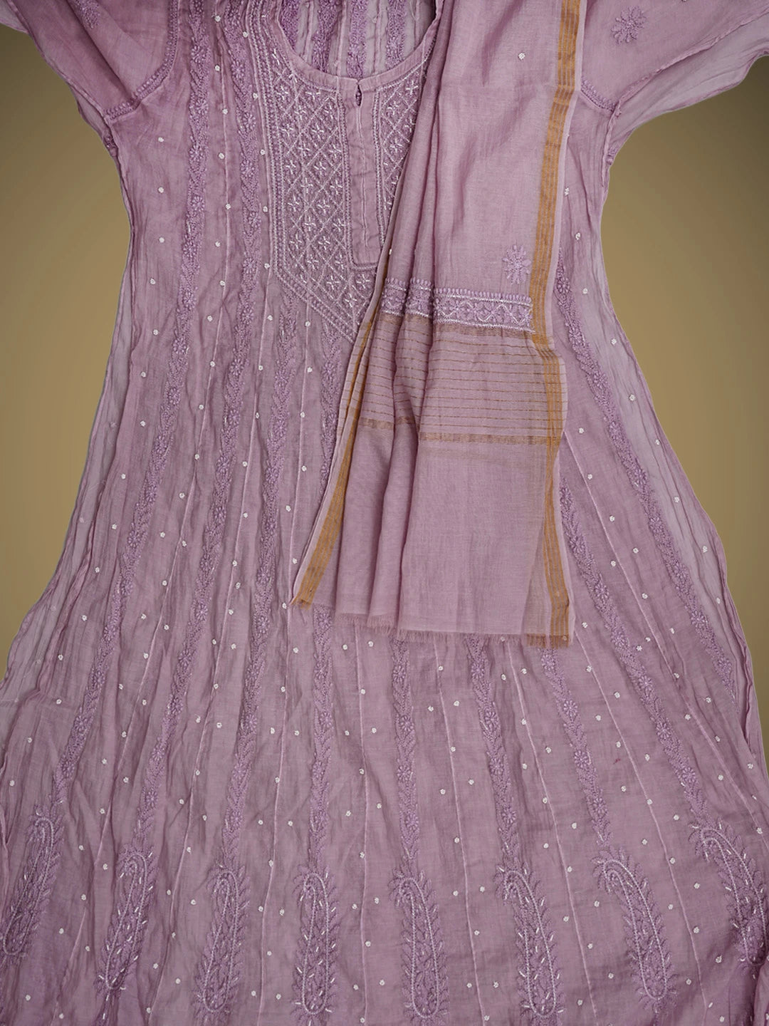 Ada Hand Embroidered Lavender Chanderi Lucknowi Chikankari Semi Stitched Anarkali Kurta Dupatta Set with Pearl Work 01A939603