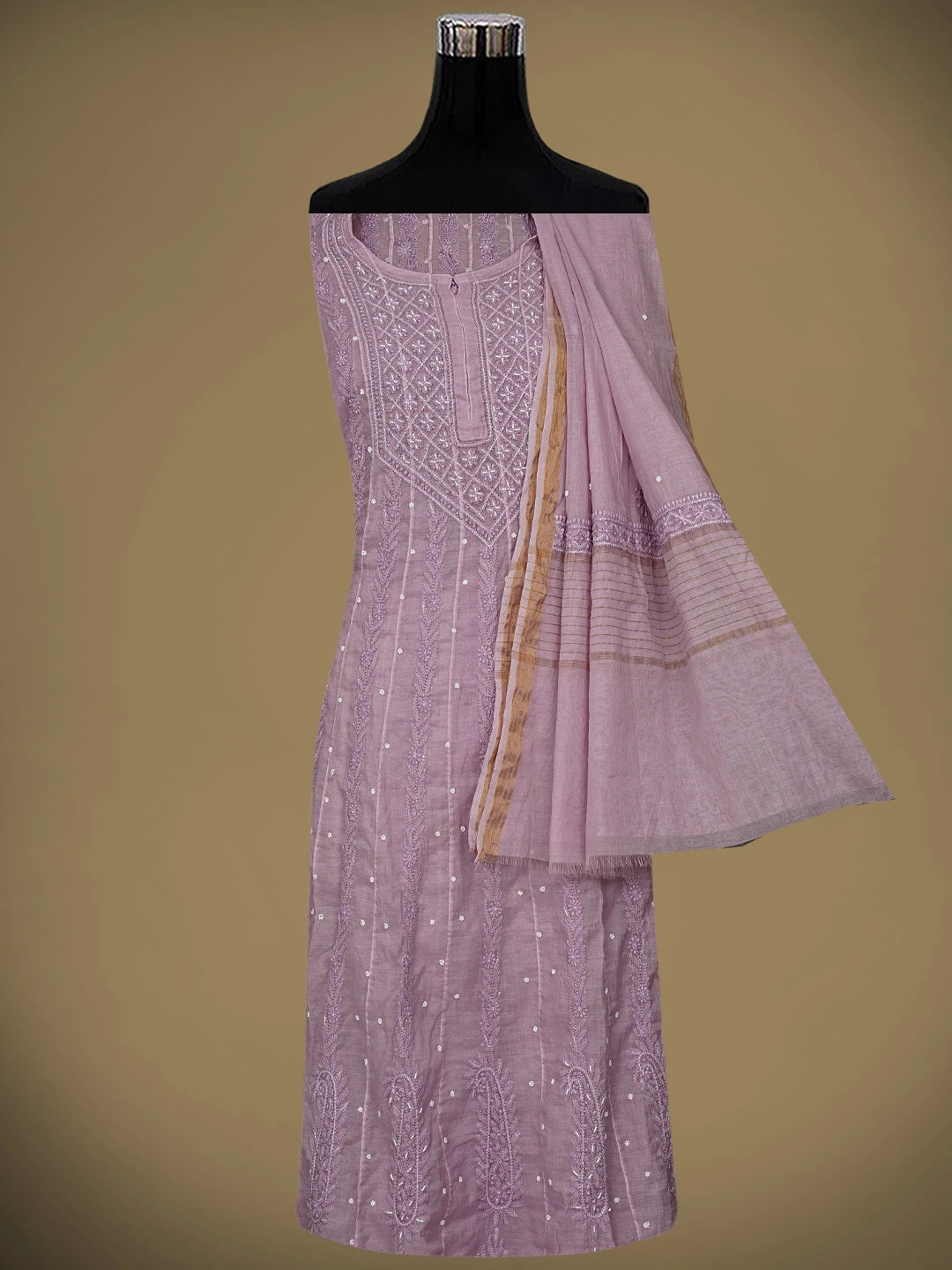 Ada Hand Embroidered Lavender Chanderi Lucknowi Chikankari Semi Stitched Anarkali Kurta Dupatta Set with Pearl Work 01A939603