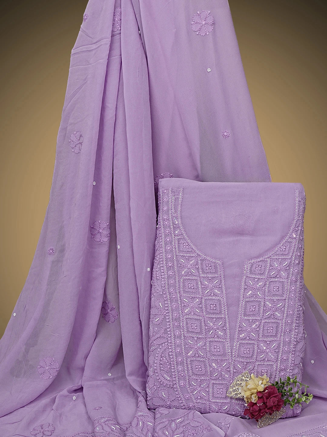 Ada Hand Embroidered Lavender Purple Viscose Georgette Lucknowi Chikankari Unstitched Kurta Dupatta Set With Zari Work 01A933516