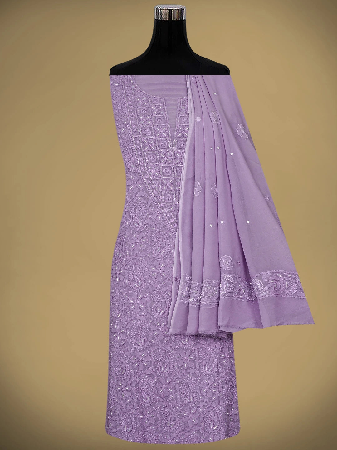 Ada Hand Embroidered Lavender Purple Viscose Georgette Lucknowi Chikankari Unstitched Kurta Dupatta Set With Zari Work 01A933516