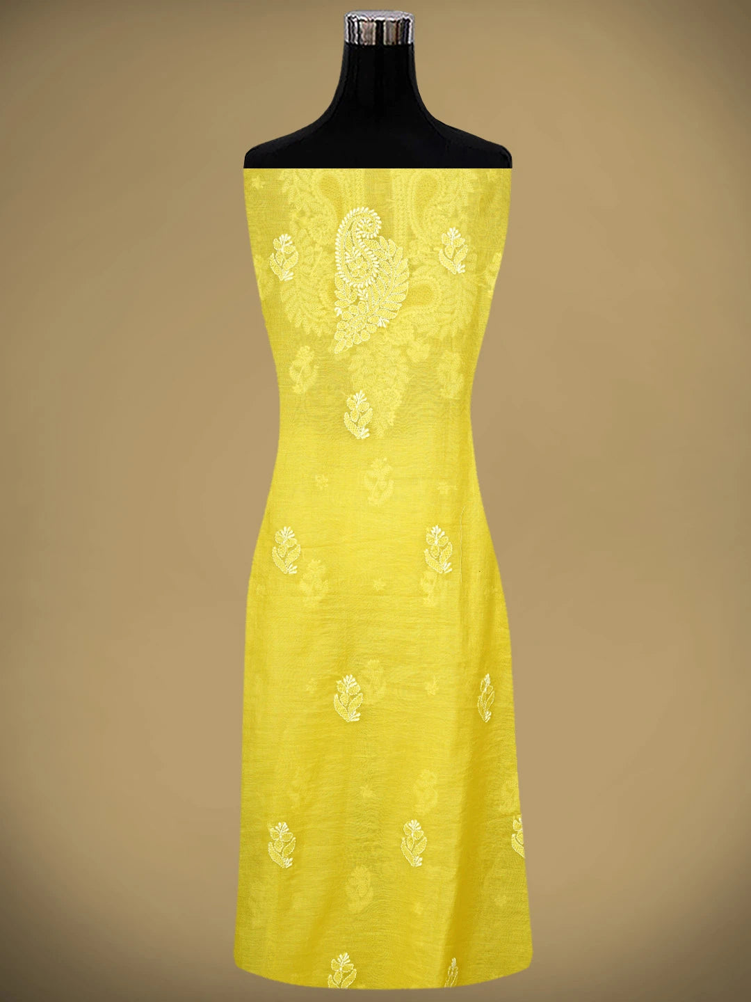 Ada Hand Embroidered Canary Yellow Chanderi Lucknowi Chikankari Unstitched Suit Piece 01A932551