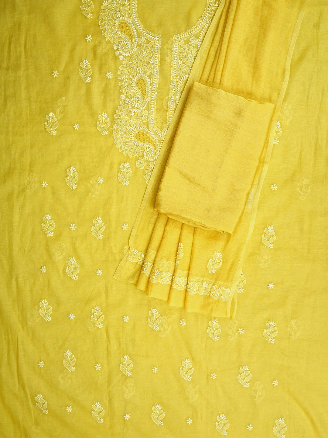 Ada Hand Embroidered Canary Yellow Chanderi Lucknowi Chikankari Unstitched Suit Piece 01A932551