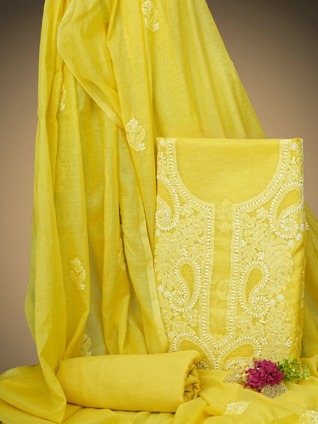 Ada Hand Embroidered Canary Yellow Chanderi Lucknowi Chikankari Unstitched Suit Piece 01A932551
