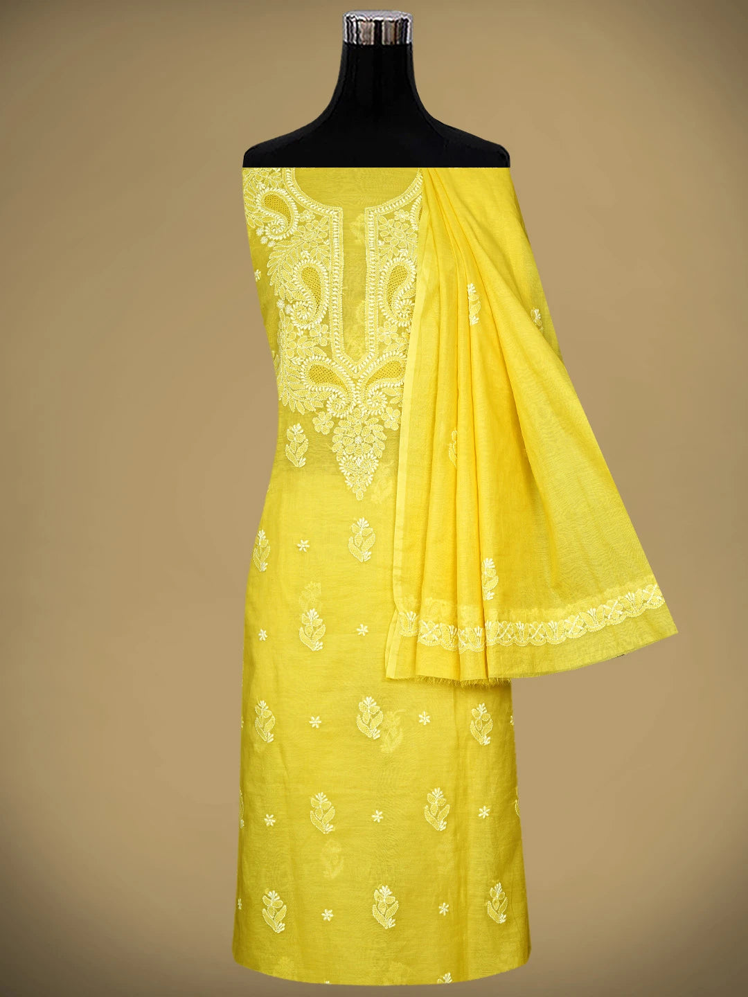 Ada Hand Embroidered Canary Yellow Chanderi Lucknowi Chikankari Unstitched Suit Piece 01A932551