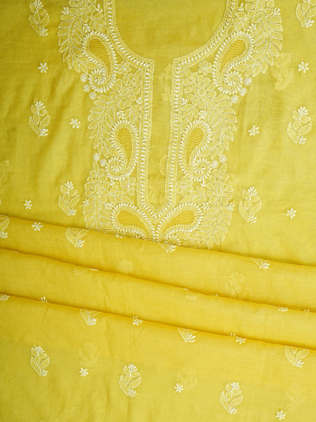 Ada Hand Embroidered Canary Yellow Chanderi Lucknowi Chikankari Unstitched Suit Piece 01A932551