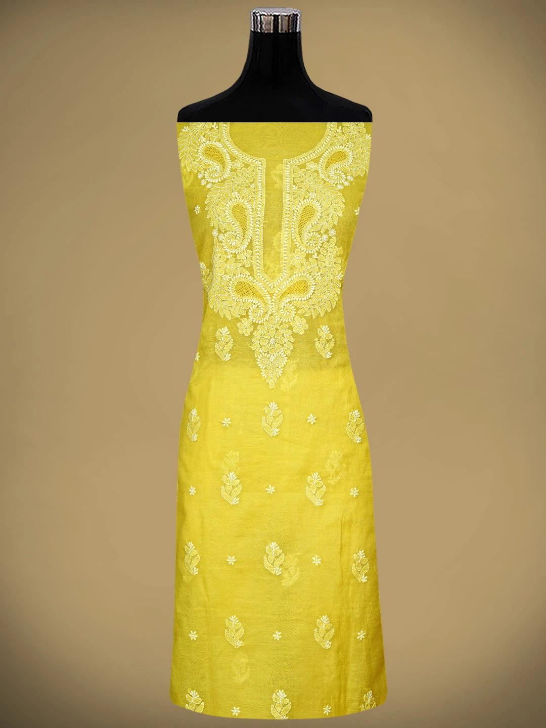Ada Hand Embroidered Canary Yellow Chanderi Lucknowi Chikankari Unstitched Suit Piece 01A932551