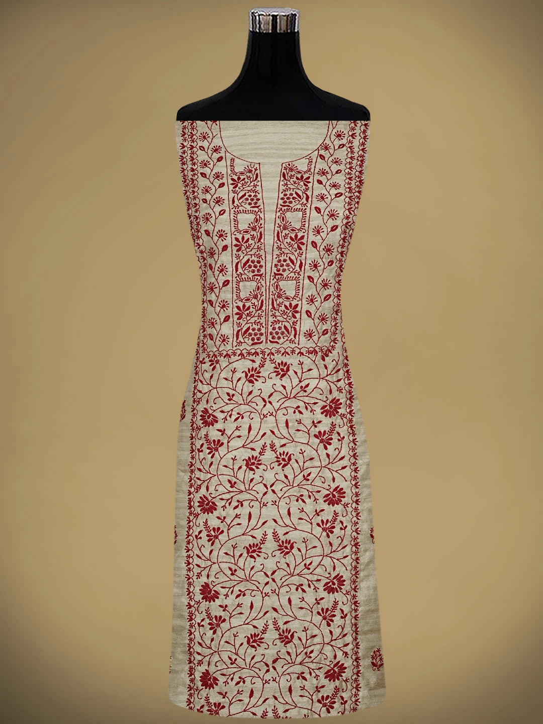 Ada Hand Embroidered Fawn Silk Lucknowi Chikankari Unstitched Kurta Dupatta Set 01A958730