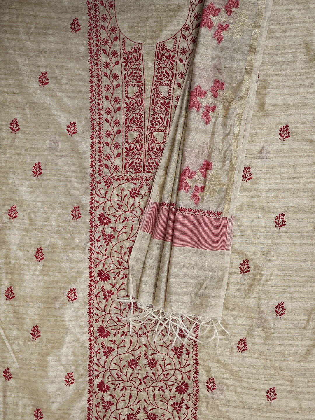 Ada Hand Embroidered Fawn Silk Lucknowi Chikankari Unstitched Kurta Dupatta Set 01A958730
