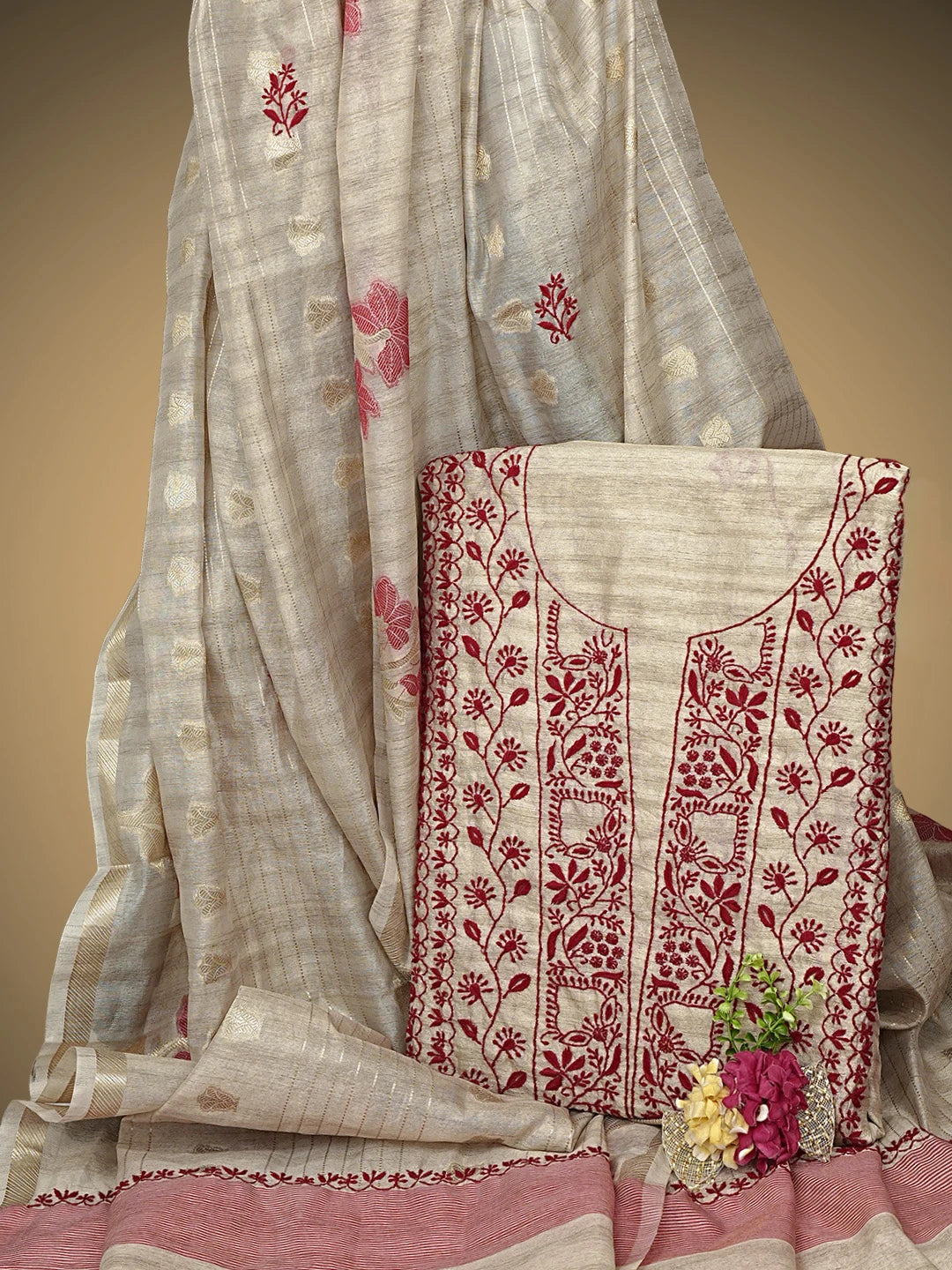 Ada Hand Embroidered Fawn Silk Lucknowi Chikankari Unstitched Kurta Dupatta Set 01A958730