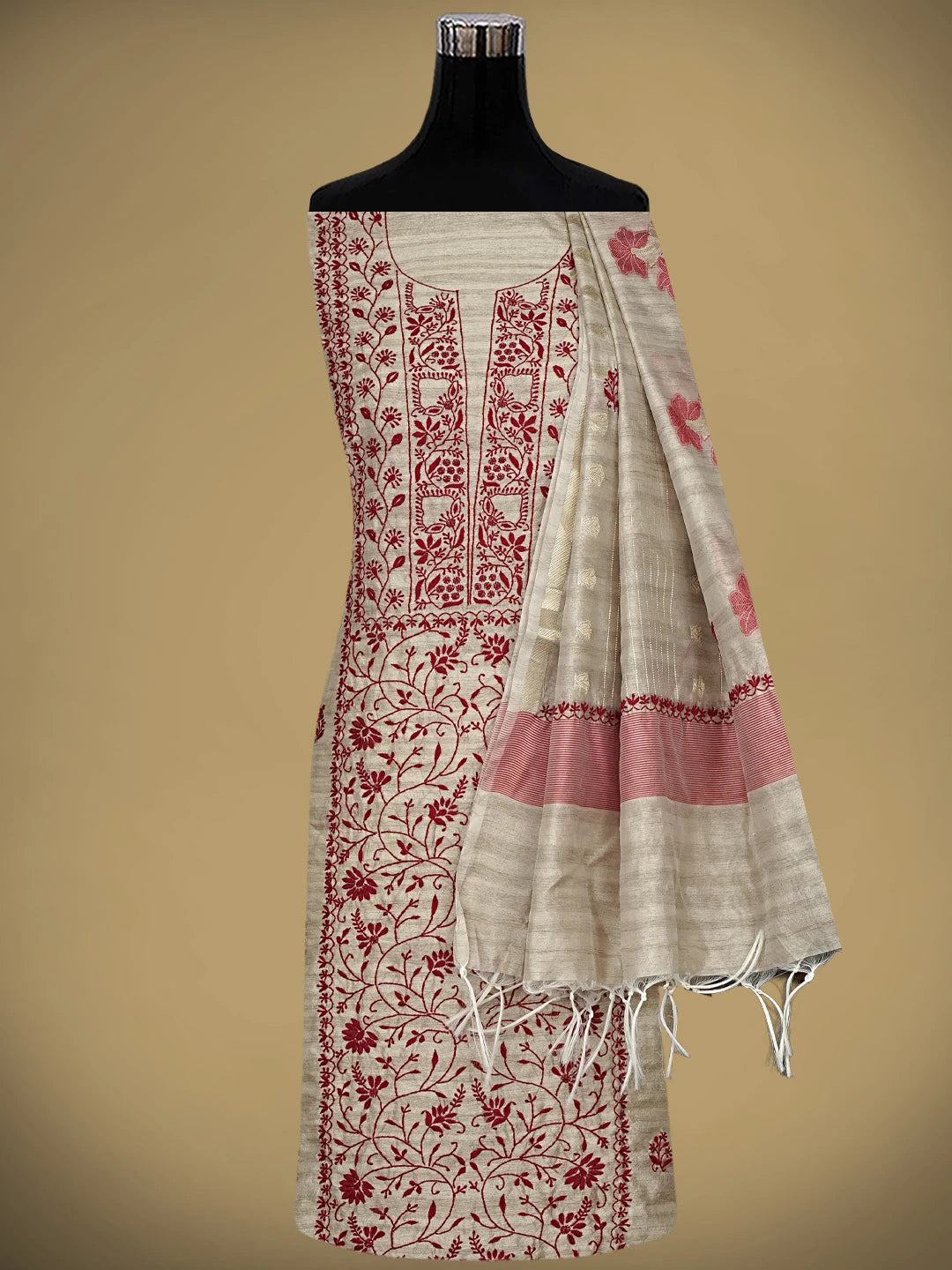 Ada Hand Embroidered Fawn Silk Lucknowi Chikankari Unstitched Kurta Dupatta Set 01A958730