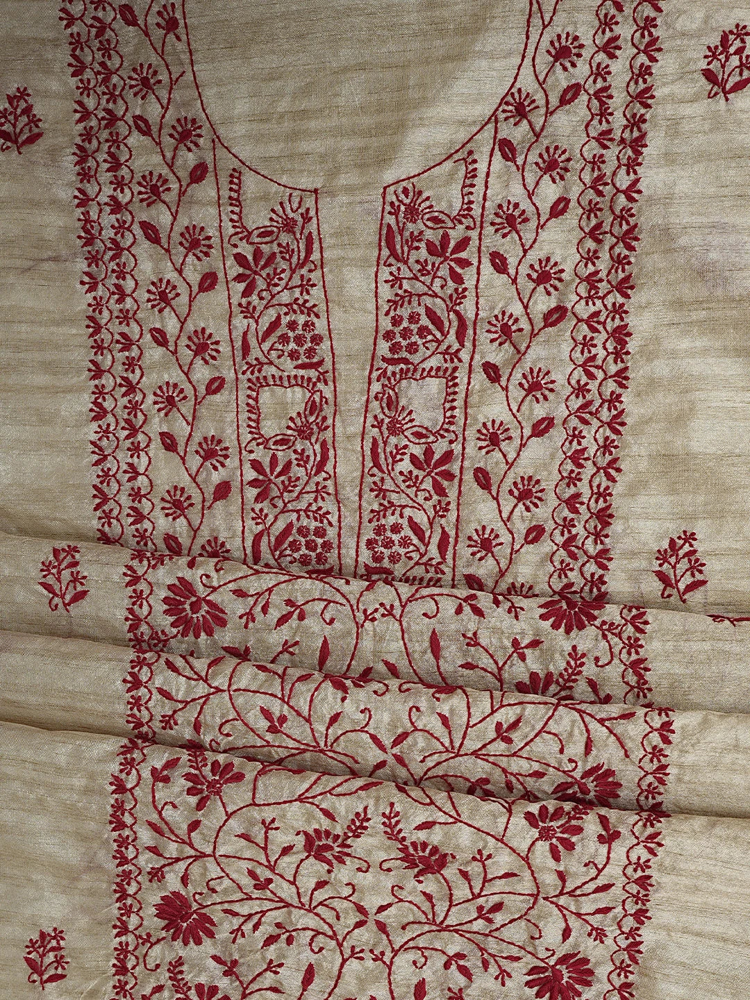 Ada Hand Embroidered Fawn Silk Lucknowi Chikankari Unstitched Kurta Dupatta Set 01A958730