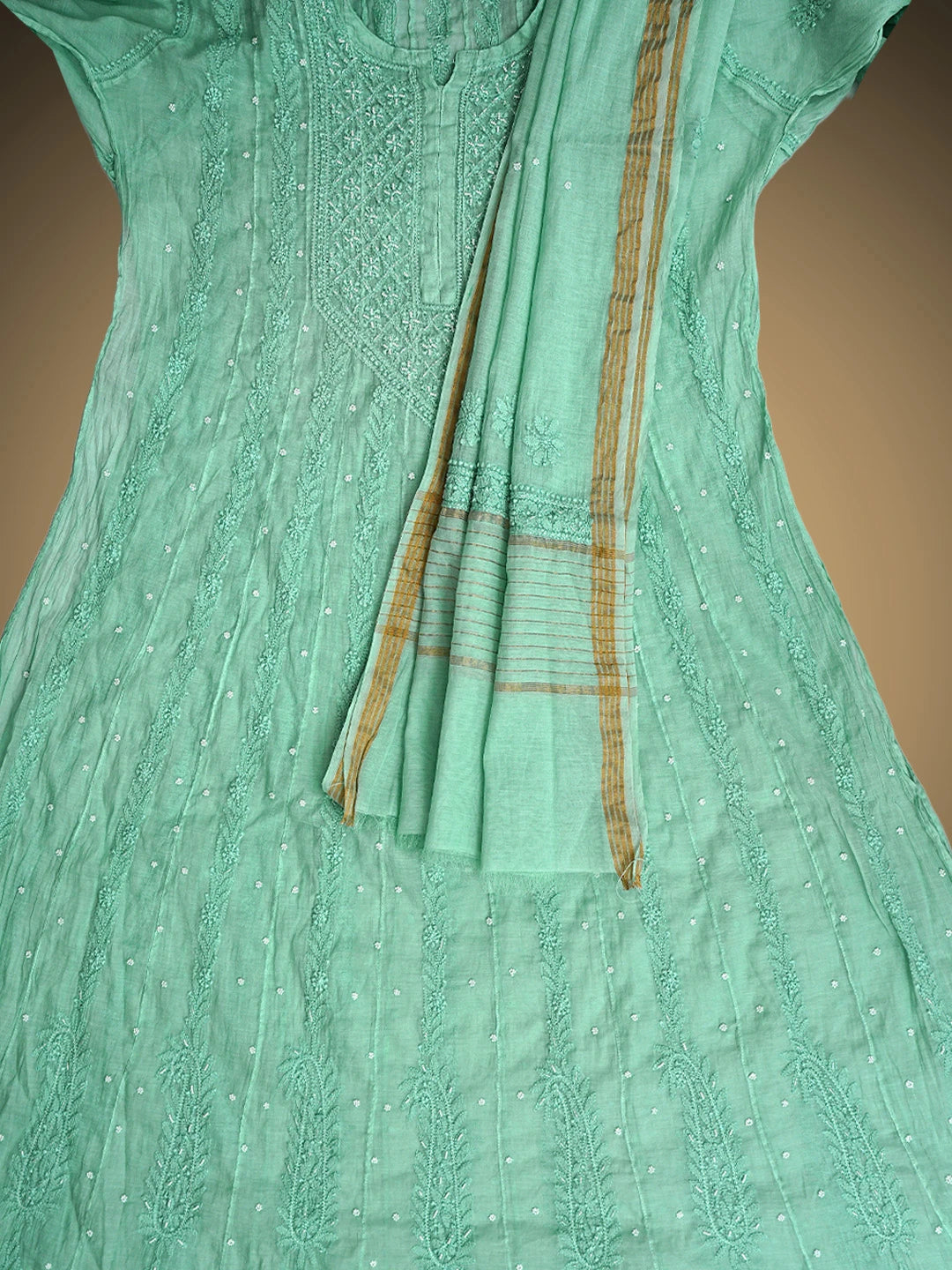 Ada Hand Embroidered Pearl Aqua Green Chanderi Lucknowi Chikankari Semi-Stitched Anarkali Kurta Dupatta Set With Cutdana Work 01A922117