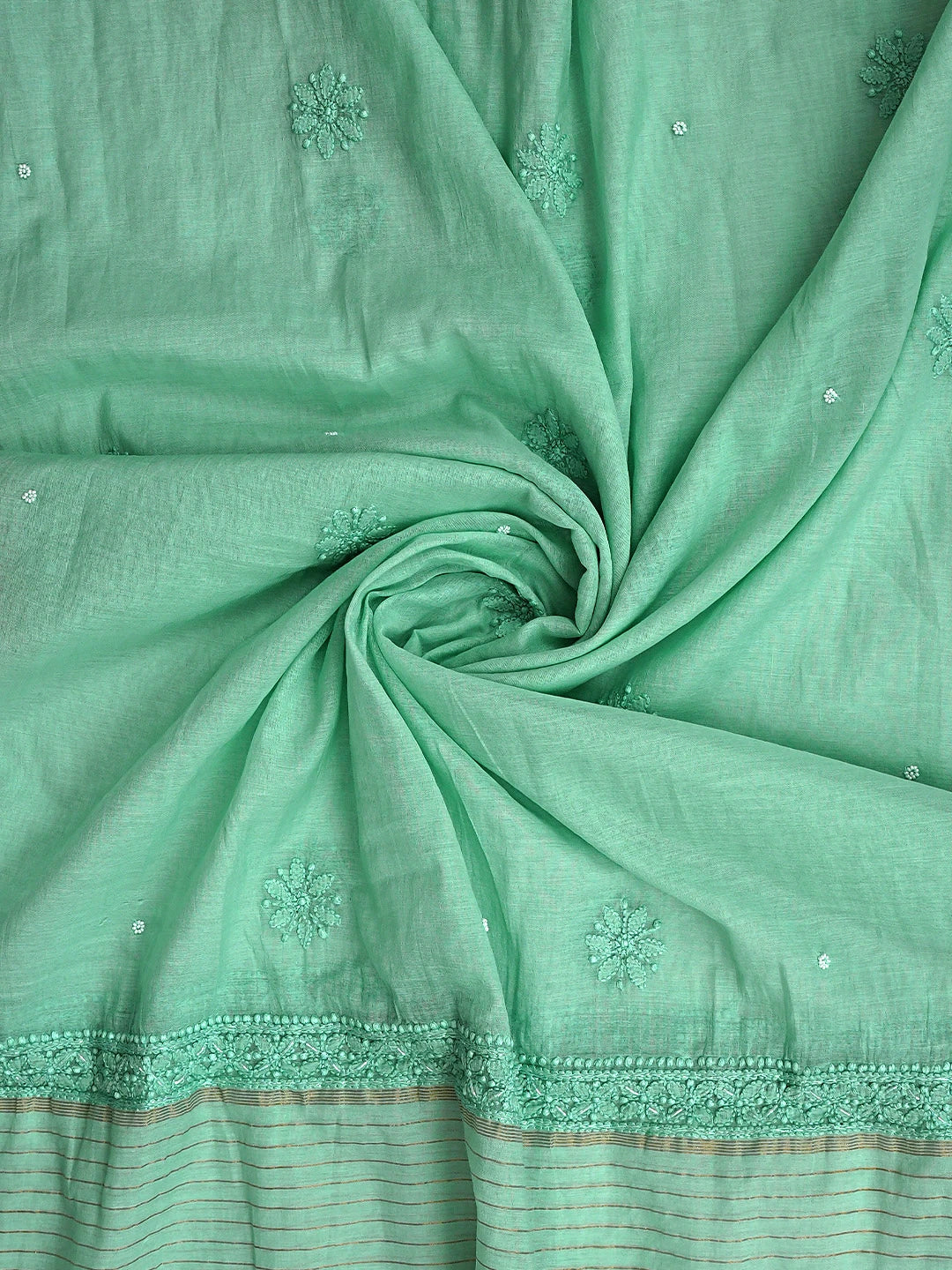 Ada Hand Embroidered Pearl Aqua Green Chanderi Lucknowi Chikankari Semi-Stitched Anarkali Kurta Dupatta Set With Cutdana Work 01A922117