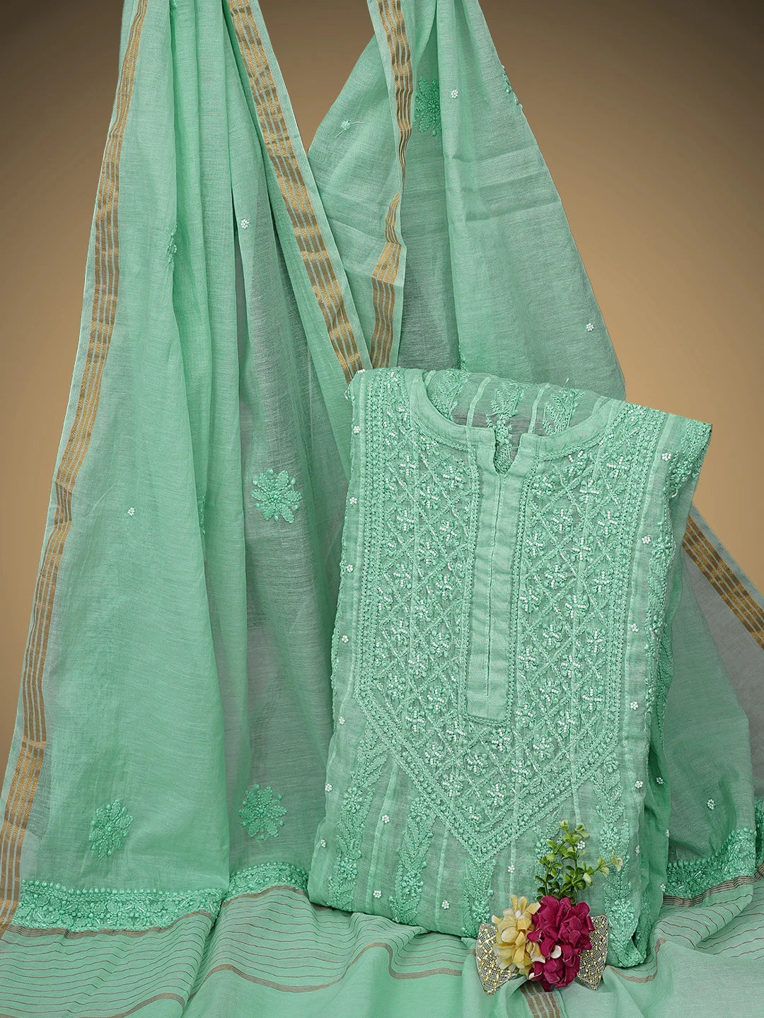 Ada Hand Embroidered Pearl Aqua Green Chanderi Lucknowi Chikankari Semi-Stitched Anarkali Kurta Dupatta Set With Cutdana Work 01A922117