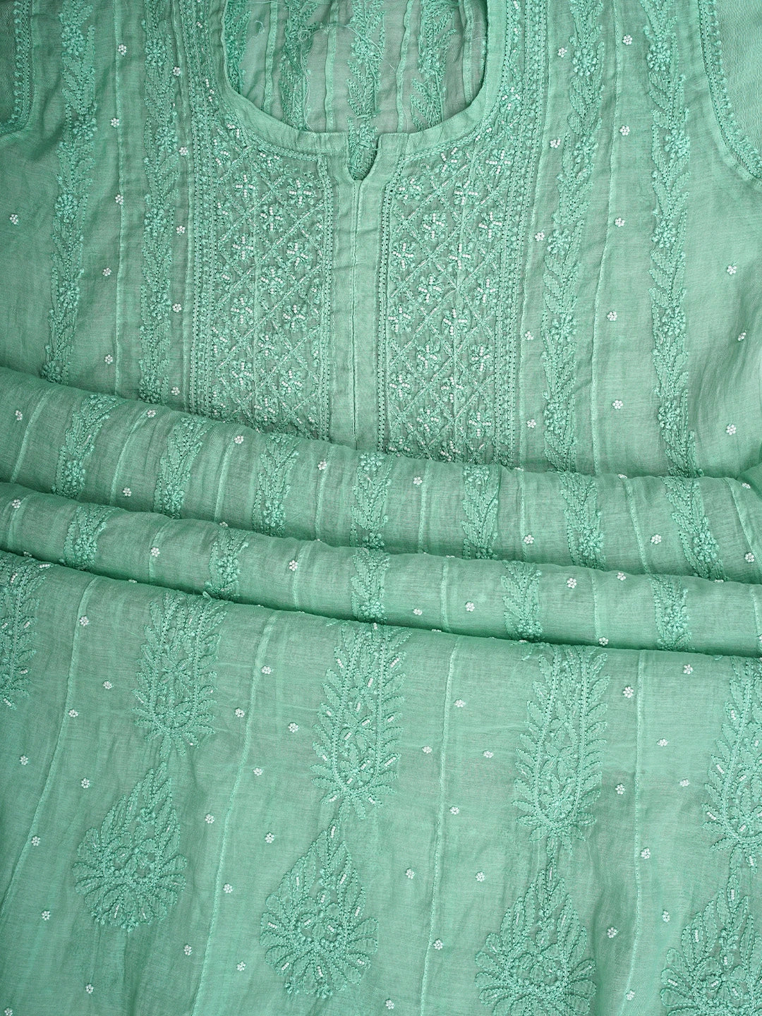 Ada Hand Embroidered Pearl Aqua Green Chanderi Lucknowi Chikankari Semi-Stitched Anarkali Kurta Dupatta Set With Cutdana Work 01A922117