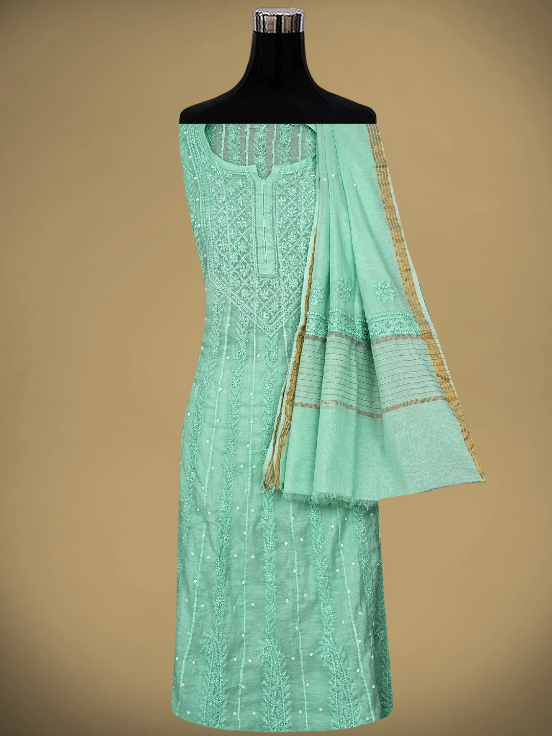 Ada Hand Embroidered Pearl Aqua Green Chanderi Lucknowi Chikankari Semi-Stitched Anarkali Kurta Dupatta Set With Cutdana Work 01A922117