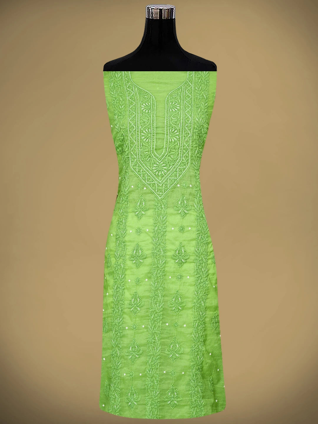 Ada Hand Embroidered Moss Green Chanderi Lucknowi Chikankari Unstitched Kurta Dupatta Set with Cutdana Work 01A939759