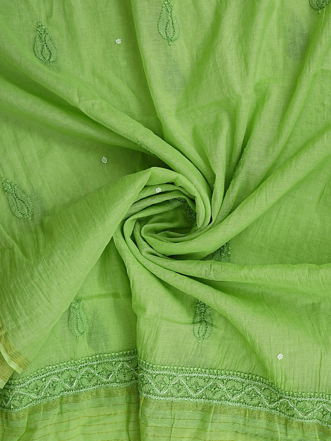 Ada Hand Embroidered Moss Green Chanderi Lucknowi Chikankari Unstitched Kurta Dupatta Set with Cutdana Work 01A939759