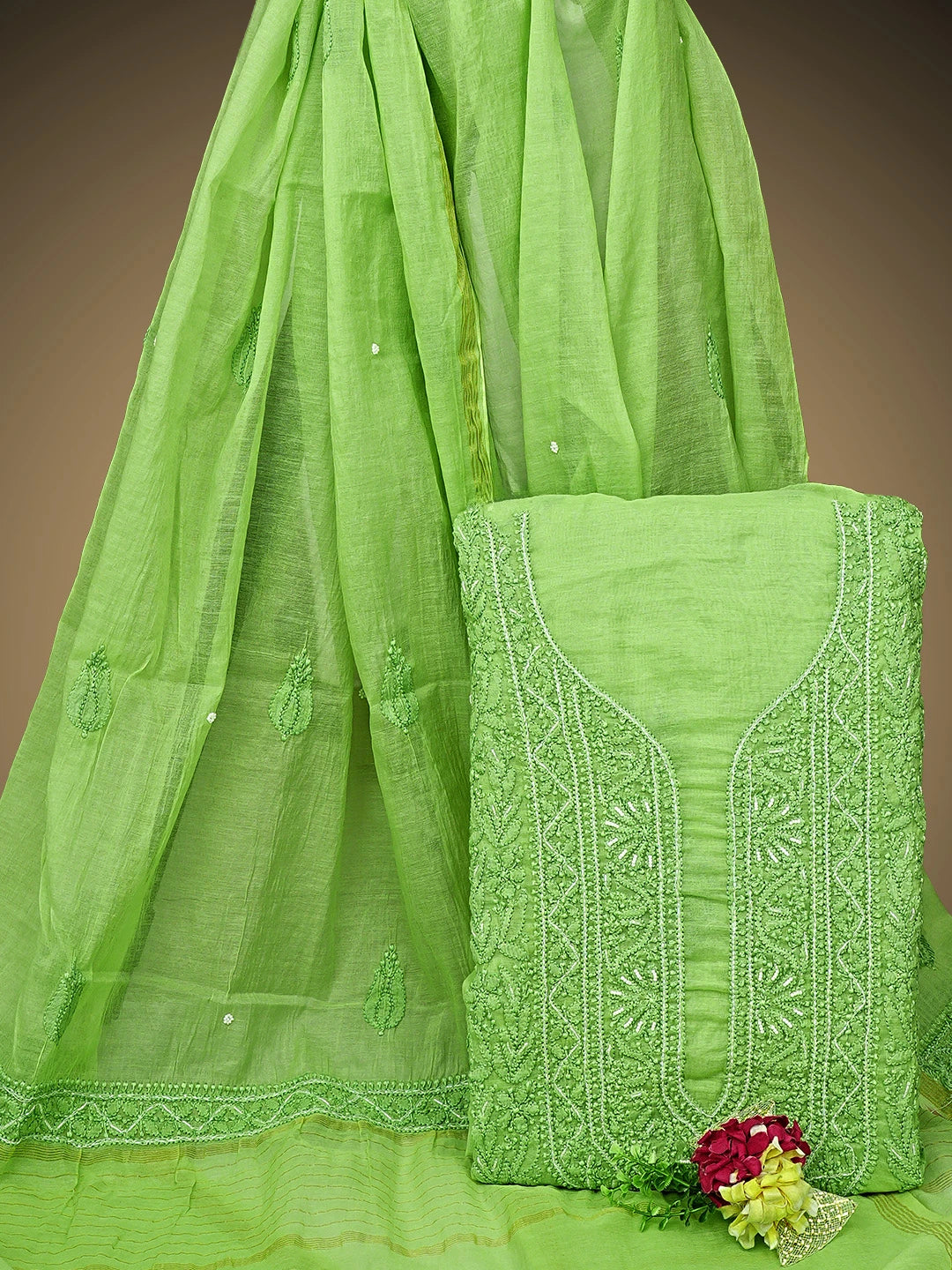 Ada Hand Embroidered Moss Green Chanderi Lucknowi Chikankari Unstitched Kurta Dupatta Set with Cutdana Work 01A939759