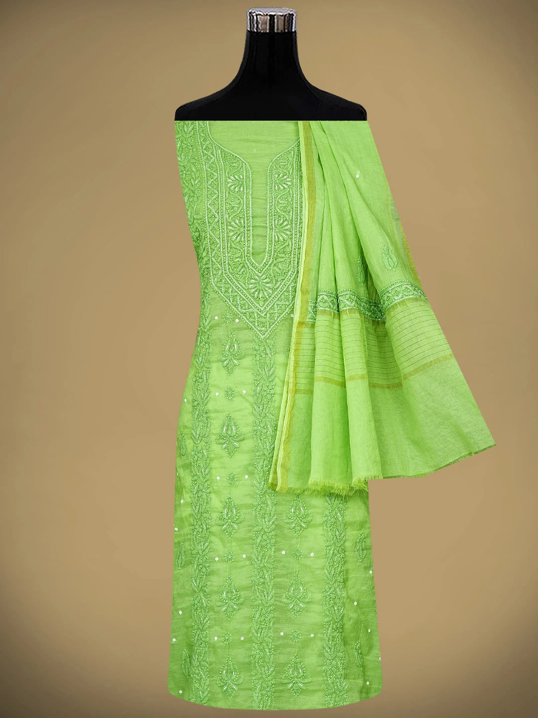 Ada Hand Embroidered Moss Green Chanderi Lucknowi Chikankari Unstitched Kurta Dupatta Set with Cutdana Work 01A939759