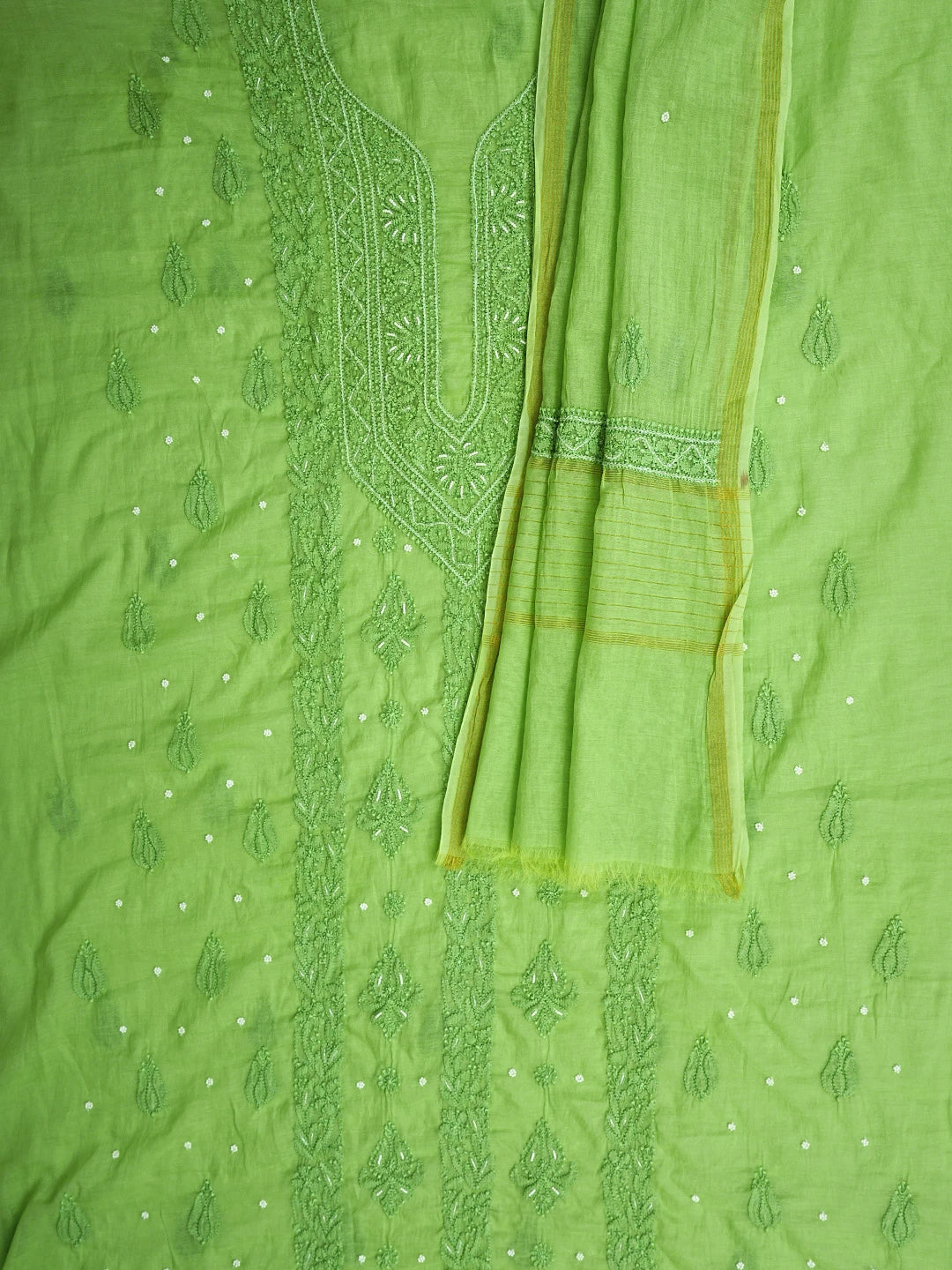 Ada Hand Embroidered Moss Green Chanderi Lucknowi Chikankari Unstitched Kurta Dupatta Set with Cutdana Work 01A939759