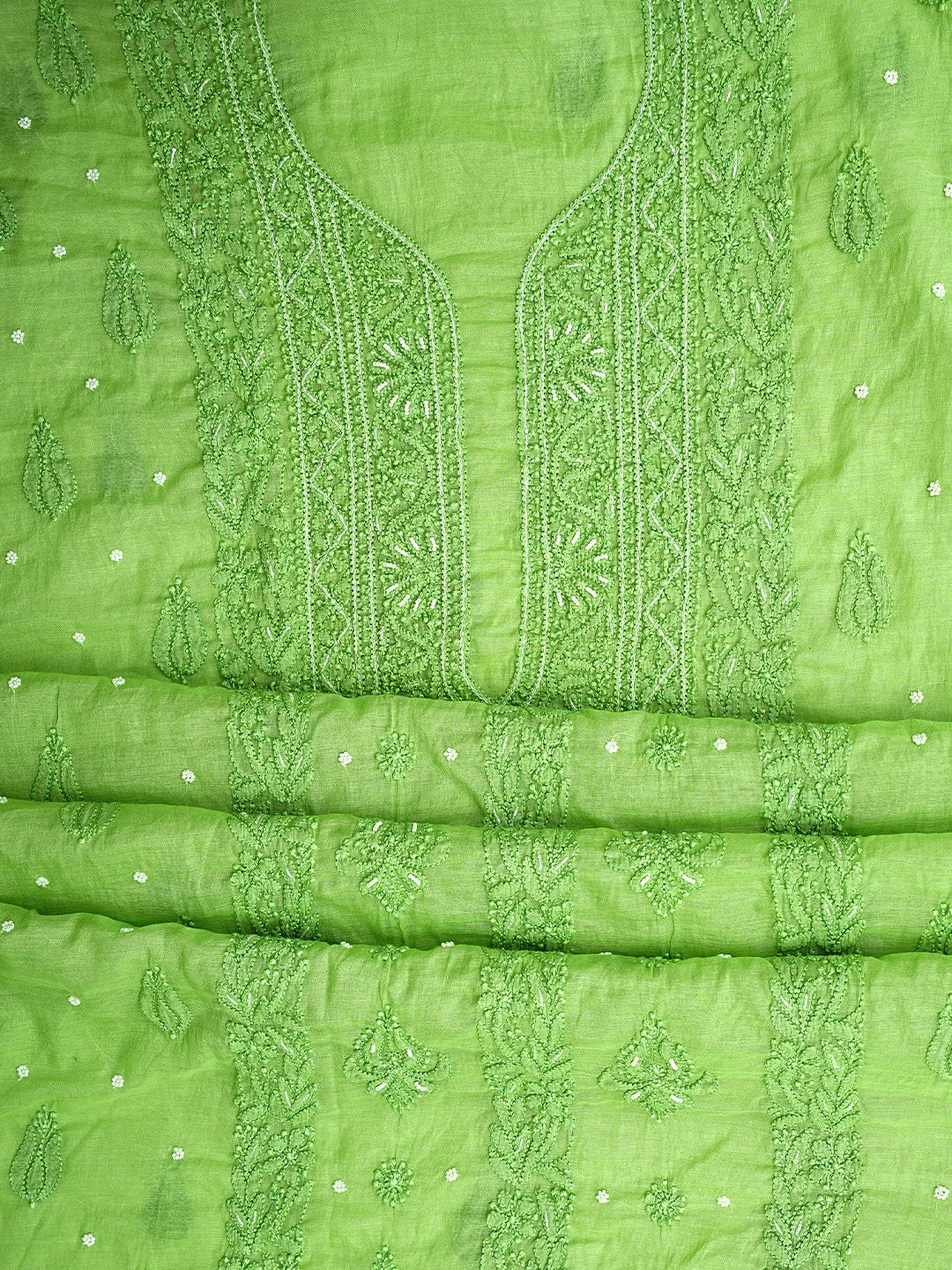 Ada Hand Embroidered Moss Green Chanderi Lucknowi Chikankari Unstitched Kurta Dupatta Set with Cutdana Work 01A939759
