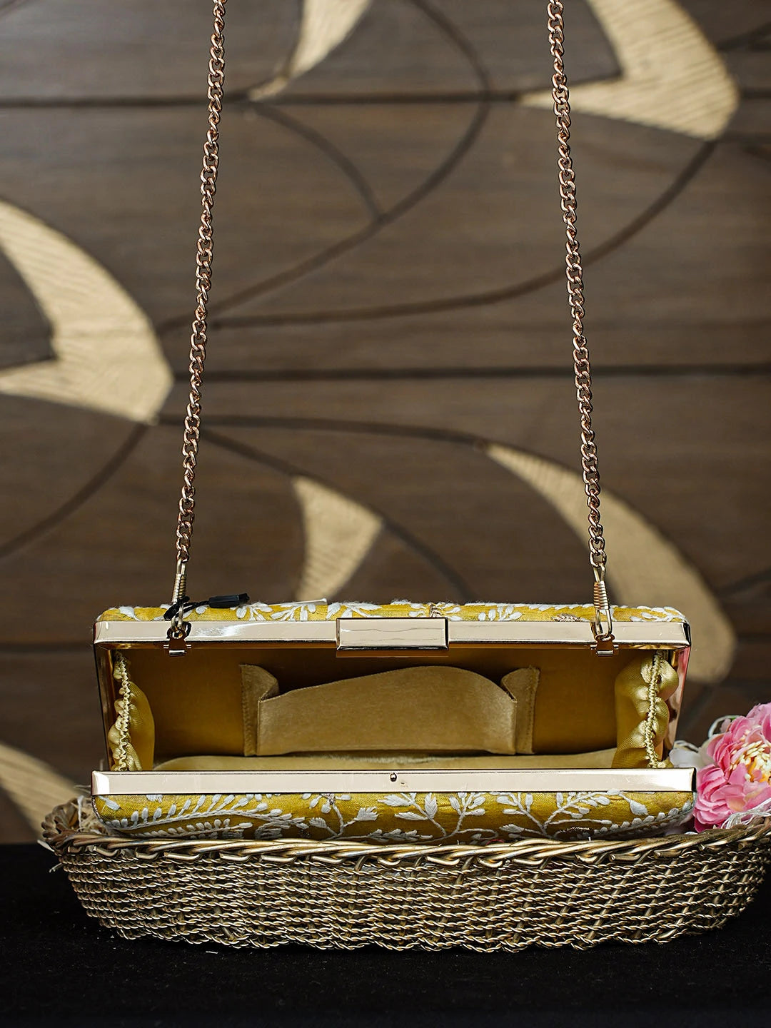 Ada Hand Embroidered Mustard Silk Lucknowi Chikankari Clutch With Zari Work 01A925592