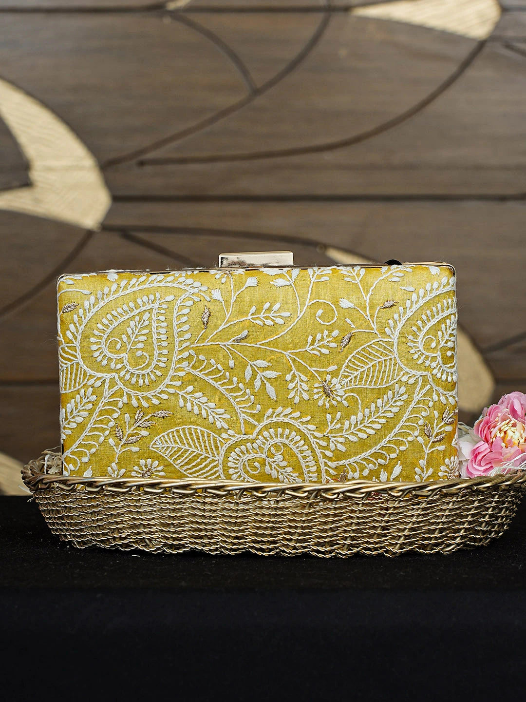 Ada Hand Embroidered Mustard Silk Lucknowi Chikankari Clutch With Zari Work 01A925592
