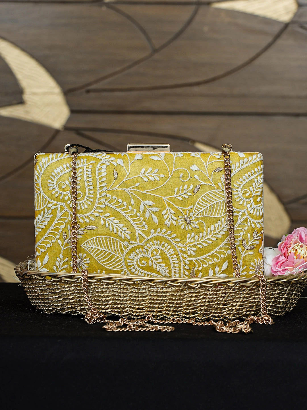 Ada Hand Embroidered Mustard Silk Lucknowi Chikankari Clutch With Zari Work 01A925592